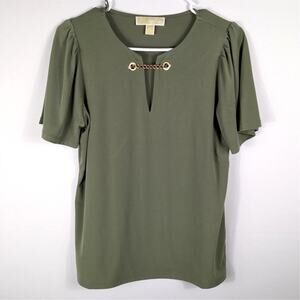 Michael Kors Womens S Green Chain Keyhole Short Sleeve Stretch MK Blouse Top